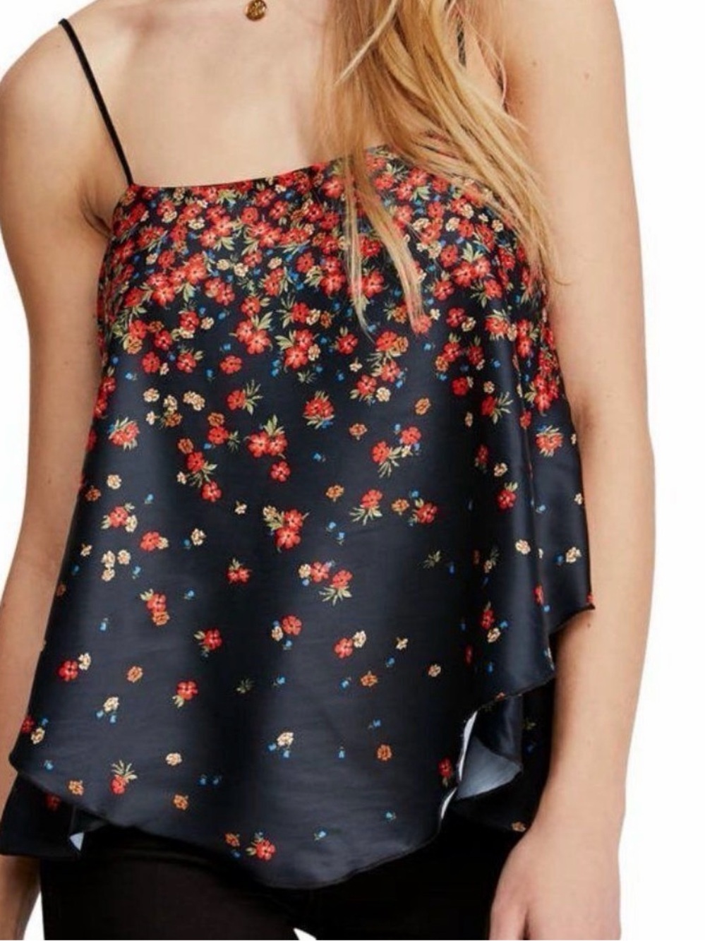 Free People Black Floral Satin Spaghetti-Strap Cami
